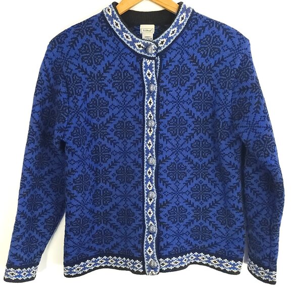 Vtg LL Bean Cardigan Sweater Women’s Med Blue Black Wool Fair Isle Snowflake